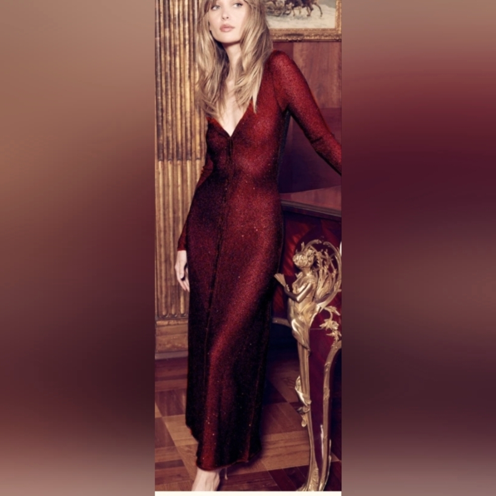 Misa Los Angeles Red Rafael Plunge Neck Long Sleeve Bodycon Dress Or Cardigan